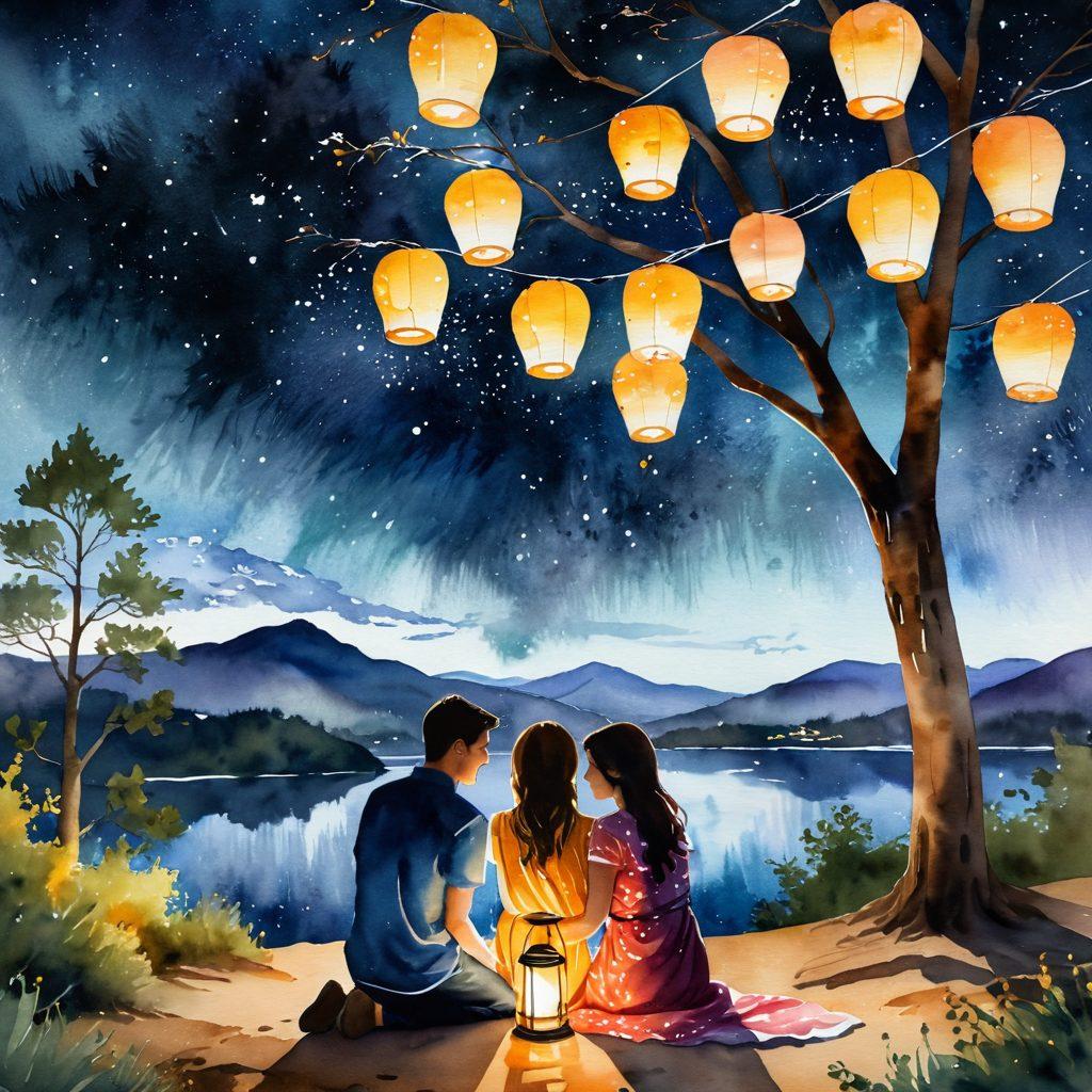 A couple sharing a heartfelt moment under a starlit sky, intertwined in a warm embrace, surrounded by soft glowing lanterns that symbolize love and connection. Their expressions reveal joy and intimacy, with a scenic backdrop of gentle hills and twinkling stars emphasizing romance. The ambient light casts a warm glow, reflecting the deep emotional bond between them. watercolor painting. vibrant colors.