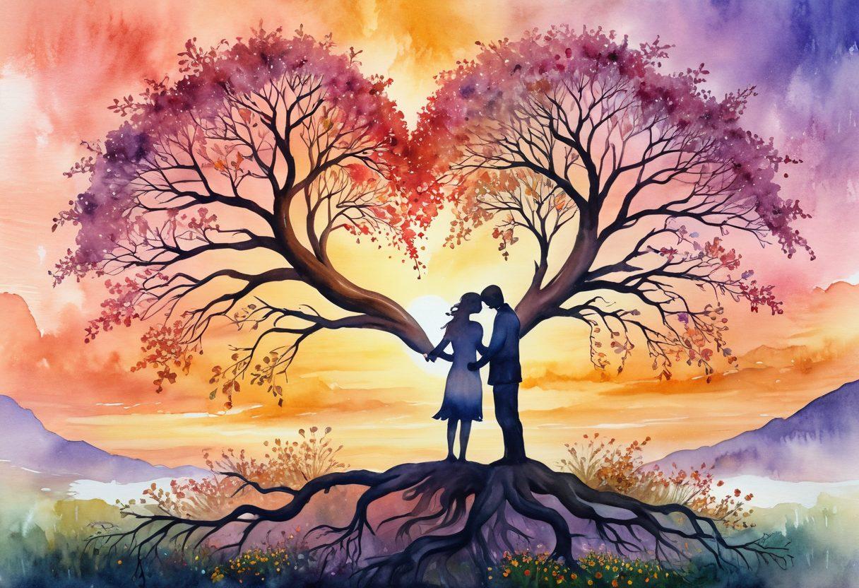 A heart-shaped tree with intertwined roots symbolizing emotional connections, surrounded by blossoming flowers representing growth. In the foreground, two figures holding hands, gazing into each other's eyes, radiating warmth and love. A soft sunset in the background, casting a golden glow over the scene. Artistic touches of watercolor blending with gentle brush strokes to evoke a sense of depth and emotion. watercolor painting. vibrant colors.