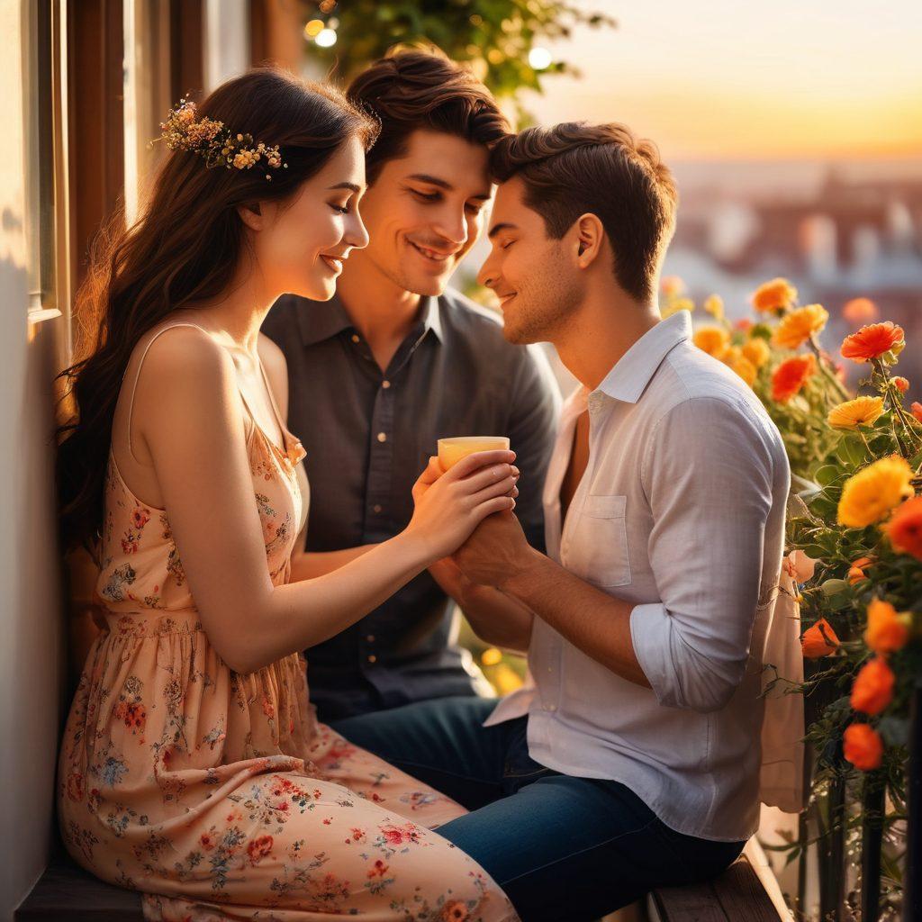 A romantic scene featuring a couple sitting closely on a sunlit balcony, surrounded by colorful flowers and twinkling fairy lights, sharing a heartfelt moment. Soft focus on their hands intertwined, with a backdrop of a sunset that casts warm golden hues. Include elements symbolizing intimacy, like a shared book and two steaming cups of tea. A sense of warmth and connection should radiate from the image. super-realistic. vibrant colors. warm tones.